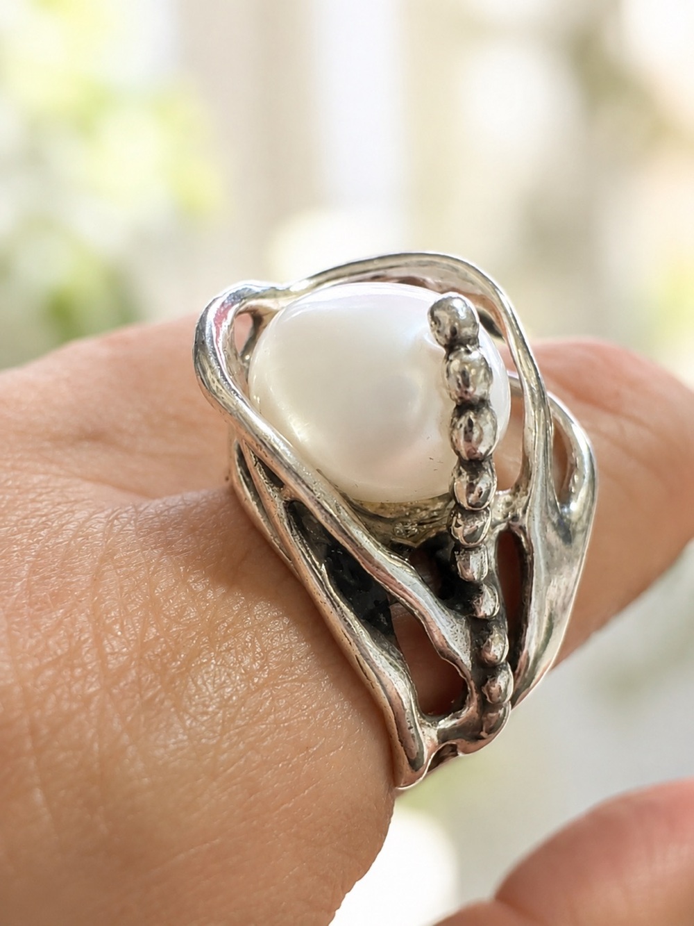 Noa Zuman 925 Sterling Silver Freshwater Pearl Statement Twisted Ring Sz. 8